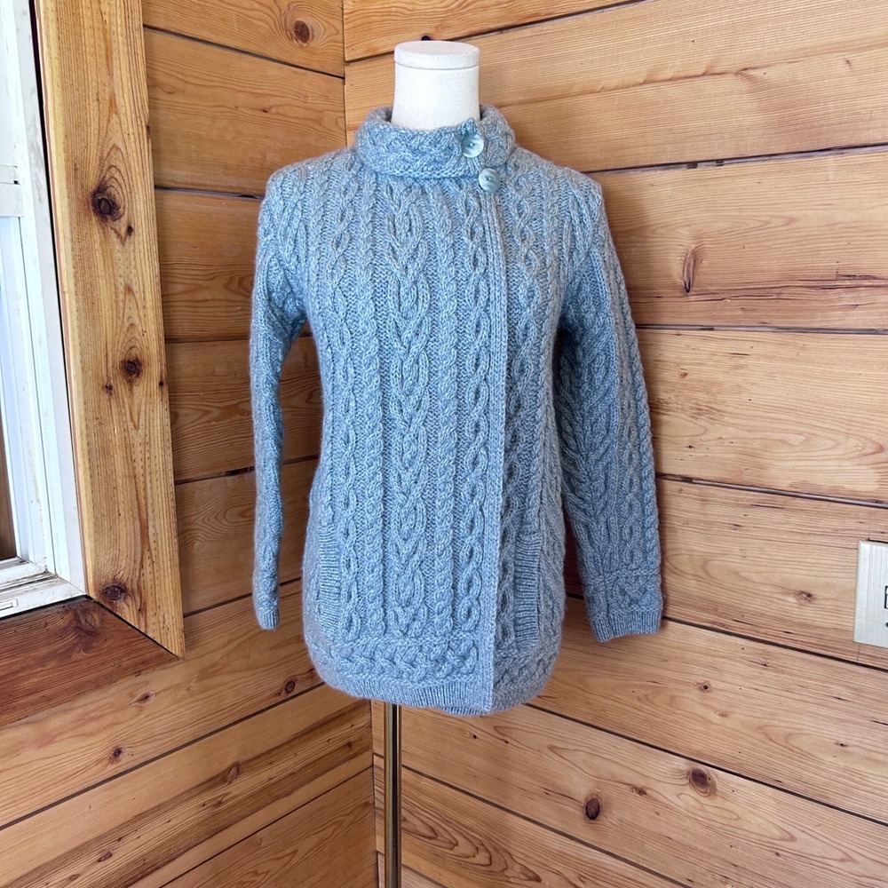 Vintage Merino Wool Cable Knit Cardigan Women Medium Blue Grey Aran Crafts